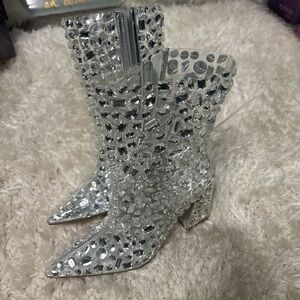 Glamorous Silver Embellished Heeled Boots